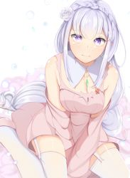 Rule 34 | 10s, 1girl, bare shoulders, between legs, blush, braid, breasts, butterfly hair ornament, cleavage, closed mouth, crystal, detached sleeves, dress, dutch angle, elf, emilia (re:zero), eyebrows, eyelashes, flower, from above, garter straps, hair flower, hair ornament, hand between legs, jewelry, large breasts, light particles, long hair, looking at viewer, matsurika (j297021302), on bed, pendant, pink dress, pointy ears, purple eyes, re:zero kara hajimeru isekai seikatsu, rose, silver hair, sitting, smile, solo, thighhighs, very long hair, wariza, white background, white flower, white rose, white thighhighs