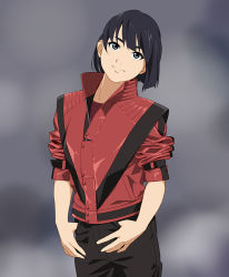 Rule 34 | 1girl, black hair, black pants, cosplay, grey background, jacket, looking at viewer, michael jackson, michael jackson (cosplay), pants, red jacket, simple background, solo, suzushiro (suzushiro333), thriller (michael jackson), thumbs in pockets
