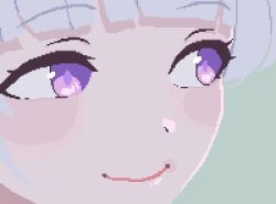 Rule 34 | 1girl, blackredhat, blue archive, blunt bangs, blush, close-up, closed mouth, commentary, green background, head only, highres, looking to the side, manatsu no yo no inmu, medium bangs, meme, noa (blue archive), pixel art, purple eyes, simple background, smile, solo, white hair, yajuu no gankou (meme)