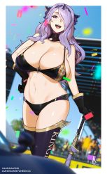 Rule 34 | 1girl, absurdres, artist name, aurahack, bikini, black bikini, blue sky, blurry, blurry background, breasts, camilla (fire emblem), cleavage, confetti, depth of field, fire emblem, fire emblem fates, gloves, hair over one eye, hand on own hip, highres, large breasts, looking at viewer, navel, nintendo, open mouth, photo background, purple eyes, purple hair, race queen, sky, smile, solo focus, standing, swimsuit, thighhighs, tiara, twitter username, umbrella
