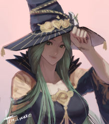 Rule 34 | 1girl, adjusting clothes, adjusting headwear, artist name, cm lynarc, commentary, costume, female focus, fire emblem, fire emblem: three houses, fire emblem heroes, flower, green eyes, green hair, halloween, halloween costume, hat, hat flower, highres, long hair, looking at viewer, matching hair/eyes, nintendo, official alternate costume, pink background, popped collar, rhea (fire emblem), signature, solo, witch hat