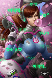 Rule 34 | 1girl, animal print, blue bodysuit, blurry, bodysuit, breasts, brown eyes, brown hair, blowing bubbles, character name, charm (object), chewing gum, clothes writing, d.va (overwatch), depth of field, emblem, emoticon, enrique marcell, facepaint, facial mark, finger on trigger, gloves, gun, handgun, headphones, high collar, highres, holding, holding gun, holding weapon, hologram, korean text, leaning forward, long hair, looking at viewer, making-of available, mecha, medium breasts, meka (overwatch), one eye closed, overwatch, overwatch 1, petals, pilot suit, pink lips, pistol, rabbit print, ribbed bodysuit, robot, shoulder pads, skin tight, smoke, smoking gun, solo, swept bangs, translation request, twisted torso, watermark, weapon, whisker markings, white gloves