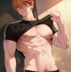 Rule 34 | 1boy, abs, bara, bare pectorals, black shirt, blue eyes, chariko, closed mouth, clothes lift, genshin impact, jewelry, large pectorals, male focus, mask, mask on head, muscular, muscular male, navel, necklace, nipples, orange hair, pectorals, red mask, shirt, shirt lift, short hair, smile, solo, tartaglia (genshin impact), upper body