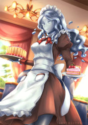 Rule 34 | 1girl, apron, artist name, breasts, cake, closed mouth, colored skin, commentary, commission, fate/grand order, fate (series), food, forehead, golem, grey eyes, grey hair, grey skin, holding, holding plate, indoors, juliet sleeves, large breasts, long hair, long sleeves, looking away, lord el-melloi ii case files, maid, maid apron, maid headdress, mercury (element), metal skin, monster girl, parted bangs, plate, puffy sleeves, red ribbon, ribbon, sash, skyde kei, slime girl, smile, solo, standing, trimmau (fate), volumen hydragyrum (fate)