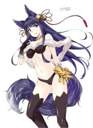 Rule 34 | 10s, 1girl, :p, absurdres, animal ears, bell, bikini, black bikini, black gloves, black thighhighs, blush, breasts, covered erect nipples, erune, fox ears, fox tail, gloves, granblue fantasy, hair bell, hair ornament, highres, long hair, looking at viewer, nanase mizuho, navel, purple hair, red eyes, simple background, smile, solo, standing, swimsuit, tail, thighhighs, tongue, tongue out, twitter username, white background, yuel (granblue fantasy)