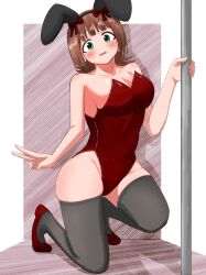 Rule 34 | 1girl, amami haruka, animal ear hairband, animal ears, bare shoulders, black thighhighs, blush, breasts, brown hair, cleavage, collarbone, fake animal ears, green eyes, grey thighhighs, highres, holding, holding pole, idolmaster, idolmaster (classic), idolmaster million live!, leotard, looking at viewer, medium breasts, on one knee, playboy bunny, pole, rabbit ear hairband, rabbit ears, red leotard, sakurada p, solo, strapless, strapless leotard, stripper pole, thighhighs, v