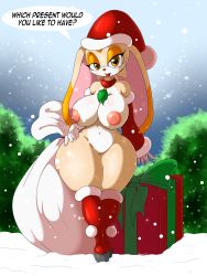 Rule 34 | 1girl, absurdres, animal ears, blush, boots, breasts, bush, choker, christmas, christmas present, cleft of venus, cream the rabbit, curvy, detached sleeves, english text, eyeshadow, full body, furry, furry female, gift, hand on own hip, hat, highres, knee boots, large breasts, lips, looking at viewer, makeup, nipples, nude, parted lips, pussy, rabbit ears, red footwear, santa hat, snow, snowing, solo, sonic (series), speech bubble, standing, suirano, text focus, thick thighs, thighs, uncensored, yellow eyes
