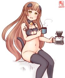Rule 34 | 1girl, anal tail, animal ears, artist logo, bell, black bra, black thighhighs, bottomless, bra, breasts, brown hair, cat cutout, cat ears, cat lingerie, cat tail, choker, cleavage cutout, clothing cutout, coffee filter, coffee mug, coffee pot, collarbone, commentary request, cowboy shot, cup, dated, detached collar, fake tail, frilled bra, frills, green eyes, headgear, helena (kancolle), highres, jingle bell, kanon (kurogane knights), kantai collection, long hair, looking at viewer, medium breasts, meme attire, mug, neck bell, no panties, simple background, sitting, solo, tail, thighhighs, underwear, underwear only, white background