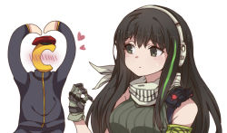 Rule 34 | 1girl, 1other, armband, bandana, black hair, blush, c-head commander, commander (girls&#039; frontline), commentary request, girls&#039; frontline, gloves, heart, heart arms, jewelry, korean commentary, long hair, looking at viewer, looking to the side, m4a1 (girls&#039; frontline), ring, sidarim, simple background, sleeveless, sleeveless sweater, sweatdrop, sweater, upper body, wedding band, white background