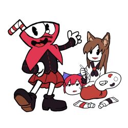 Rule 34 | 1boy, 2girls, :d, animal ears, black footwear, black jacket, blouse, brown hair, commentary request, crossover, cuphead, cuphead (game), disembodied head, drinking straw, fat-feit, hand on own hip, holding, holding brush, imaizumi kagerou, jacket, kneeling, long hair, long sleeves, looking at another, looking at viewer, multiple girls, open mouth, pac-man eyes, paint tube, paintbrush, palette (object), parted lips, pleated skirt, red eyes, red skirt, retro artstyle, seiza, sekibanki, shirt, shoes, simple background, sitting, skirt, smile, standing, sweatdrop, touhou, white background, white shirt, wolf ears