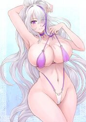Rule 34 | 1girl, arm over head, arm up, armpits, azur lane, bikini, blush, breasts, choker, closed mouth, collarbone, cowboy shot, eyes visible through hair, groin, hair over one eye, high ponytail, highres, large breasts, lifted by self, long hair, multicolored hair, navel, official alternate costume, purple bikini, purple choker, purple eyes, purple hair, sai-go, smile, solo, stomach, strap lift, streaked hair, swimsuit, unzen (azur lane), unzen (sojourn through clear seas) (azur lane), very long hair, white hair, wide hips