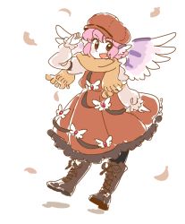 Rule 34 | 1girl, animal ears, boots, brown dress, dress, feathers, female focus, mitsumoto jouji, mystia lorelei, open mouth, pink hair, salute, scarf, short hair, smile, solo, touhou, wings
