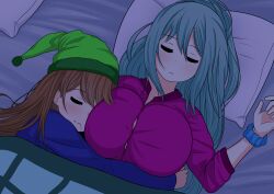 Rule 34 | 2girls, aqua hair, asa midori, bed, bed sheet, breasts, brown hair, closed eyes, closed mouth, drooling, face to breasts, hat, highres, huge breasts, indoors, long hair, lying, multiple girls, on back, on bed, original, parted lips, pillow, rezu (the only shoe), saliva, sleeping, the only shoe, yuri