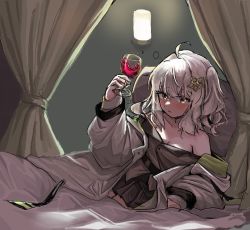 Rule 34 | 1girl, ahoge, alcohol, arknights, arm support, bare shoulders, black shirt, black skirt, blanket, blouse, blush, breasts, brown eyes, cleavage, clothes pull, coat, collarbone, commentary request, cup, curtains, drink, drinking glass, hair ornament, holding, holding cup, korean commentary, long hair, long sleeves, looking at viewer, lying, miniskirt, off shoulder, on back, on bed, one side up, open clothes, open coat, parted lips, pillow, polyvora, scene (arknights), shirt, shirt pull, skirt, small breasts, solo, under covers, white coat, white hair, wine, wine glass