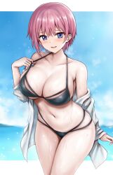 Rule 34 | 1girl, bikini, bikini under clothes, blue eyes, blush, breasts, go-toubun no hanayome, highres, large breasts, leaning forward, letterboxed, nakano ichika, navel, off shoulder, outside border, pink hair, pulled by self, r-binon, shirt, short hair, smile, solo, stomach, strap pull, swimsuit, thighs, wet, white shirt