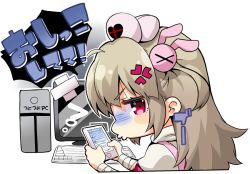 Rule 34 | &gt; &lt;, 1girl, anger vein, bandaged arm, bandages, cellphone, closed mouth, computer, ekakibito, hair between eyes, hair ornament, hat, heart, holding, holding phone, keyboard (computer), light brown hair, long hair, looking at viewer, looking to the side, monitor, natori sana, nurse cap, o3o, phone, pink hat, puffy short sleeves, puffy sleeves, rabbit hair ornament, red eyes, sana channel, shirt, short sleeves, solo, translation request, virtual youtuber, white shirt