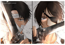 Rule 34 | 1boy, 1other, androgynous, bandaged head, bandages, black eyes, black hair, brown eyes, brown hair, commentary request, covering own mouth, eyepatch, glasses, hange zoe, highres, holding, holding weapon, levi (shingeki no kyojin), shingeki no kyojin, sirius 0905hz, split screen, three-dimensional maneuver gear, twitter username, weapon