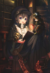 Rule 34 | 1girl, :d, aiuabo, black eyes, black hair, black hat, black skirt, book, book on lap, bookshelf, brown footwear, commentary request, crescent, cushion, dark room, full moon, grey nails, hat, highres, indoors, industrial pipe, lantern, long skirt, long sleeves, looking at viewer, moon, nail polish, night, non-humanoid robot, open book, open mouth, original, reading, robot, robot animal, shoes, sitting, skirt, smile, solo, wide sleeves, window