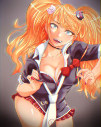 Rule 34 | 1girl, blonde hair, blue eyes, bokkusu, breasts, cleavage, danganronpa (series), danganronpa: trigger happy havoc, enoshima junko, hair ornament, large breasts, long hair, looking at viewer, nail polish, necktie, open mouth, pleated skirt, school uniform, simple background, skirt, sleeves rolled up, smile, solo, twintails