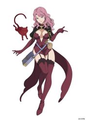 Rule 34 | 1girl, absurdres, black capelet, black clover, black clover m: rise of the wizard king, boots, breasts, capelet, cat, cleavage, corset, elbow gloves, full body, garter straps, gloves, highres, large breasts, long hair, looking at viewer, miniskirt, official art, pink hair, purple bag, purple eyes, red corset, red footwear, red gloves, red skirt, side slit, simple background, skirt, solo, thigh boots, vanessa enoteca, white background
