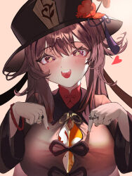 Rule 34 | 1girl, bracelet, breast padding, brown hair, flower, genshin impact, happy, hat, heart, highres, hu tao (genshin impact), jewelry, long hair, open mouth, red eyes, red nails, ribbon, ring, smile, solo, twintails