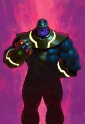 1boy absurdres arm_behind_back armor black_eyes blue_bodysuit bodysuit brush_stroke clenched_hand closed_mouth colored_skin facing_viewer feet_out_of_frame gauntlets glowing glowing_eyes hand_up highres infinity_gauntlet infinity_gems legs_apart looking_at_viewer male_focus marvel mask muscular muscular_male pink_background portuguese_commentary purple_background purple_skin skin_tight smile solo standing straight-on thanos thighs_together vegetalesirie yellow_armor