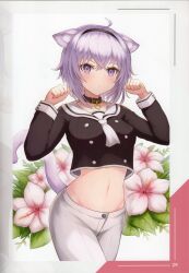 Rule 34 | 1girl, absurdres, ahoge, animal ears, blush, breasts, buttons, cat ears, cat girl, cat tail, clenched hands, collar, collarbone, floral background, flower, hair ornament, hairband, hands up, hibiscus, highres, hololive, long sleeves, looking at viewer, midriff, navel, nekomata okayu, nekomata okayu (casual), official alternate costume, oridays, pants, parted lips, purple eyes, purple hair, scan, short hair, simple background, small breasts, solo, stomach, tail, virtual youtuber, white pants