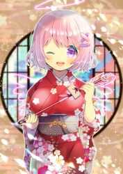 Rule 34 | 1girl, ;d, amatsuka lilyel, arrow (projectile), blurry, blurry background, blush, breasts, commentary request, depth of field, drawn halo, drawn wings, egasumi, ema, floral print, hair ornament, hairclip, halo, hamaya, holding, holding arrow, indie virtual youtuber, japanese clothes, kimono, kou hiyoyo, long sleeves, looking at viewer, medium breasts, obi, one eye closed, open mouth, pink hair, print kimono, purple eyes, red kimono, round window, sash, smile, solo, teeth, upper teeth only, virtual youtuber, wide sleeves, window, x hair ornament