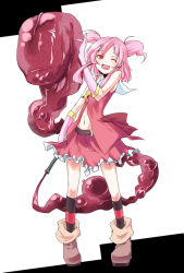 Rule 34 | 1girl, amagase lyle, belt, black background, boots, full body, gloves, head tilt, miniskirt, navel, open mouth, original, pink hair, red eyes, skirt, solo, standing, tentacles, twintails, two side up, white background, wince