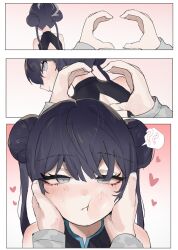 Rule 34 | 1boy, 1girl, 3koma, ?, ??, bare back, black dress, black hair, blue archive, china dress, chinese clothes, comic, commentary request, double bun, dress, grey eyes, hair between eyes, hair bun, halo, hands on another&#039;s cheeks, hands on another&#039;s face, heart, highres, k8on, kisaki (blue archive), long hair, looking at viewer, looking back, out of frame, pov, pov hands, sensei (blue archive), sidelocks, silent comic, sleeveless, snoot challenge, spoken question mark, twintails