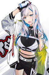 Rule 34 | 1girl, :d, aqua eyes, belt, blue hair, colored inner hair, crop top, earrings, fishnet pantyhose, fishnets, gloves, graffiti, grey hair, hair ornament, hairclip, highres, hololive, hololive indonesia, jacket, jacket partially removed, jewelry, long hair, midriff, multicolored hair, open mouth, paint can, pantyhose, pavolia reine, pavolia reine (streetwear), rararamax, shorts, smile, solo, virtual youtuber