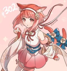 Rule 34 | 1girl, animal ears, artist name, bare shoulders, bell, cat ears, cat tail, detached sleeves, fingerless gloves, fire emblem, fire emblem fates, fire emblem heroes, floral print, fur-trimmed sleeves, fur-trimmed thighhighs, fur trim, gloves, highres, japanese clothes, juria0801, looking at viewer, multiple tails, neck ribbon, nekomata, nintendo, parted lips, pink eyes, pink hair, ribbon, sakura (fire emblem), sakura (halloween) (fire emblem), short hair, solo, striped ribbon, tail, tail bell, tail ornament, thighhighs, white thighhighs