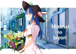 Rule 34 | 1girl, basket, black hat, blue hair, bow, flower, food, from behind, fruit, hat, hinanawi tenshi, holding, open mouth, outdoors, peach, red bow, red eyes, romaji text, shop, short sleeves, smile, solo, standing, tetsurou (fe+), touhou, upper body