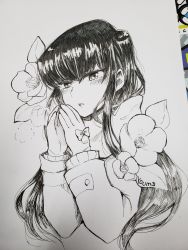 Rule 34 | 1girl, artist name, blush, bow, breath, commentary request, cropped torso, flower, flower request, glove bow, gloves, greyscale, hands up, hatching (texture), highres, jacket, komi-san wa komyushou desu, komi shouko, linear hatching, long hair, long sleeves, looking at viewer, monochrome, mumu yu mu, own hands together, parted lips, photo (medium), scarf, signature, solo, teeth, traditional media, upper body, upper teeth only