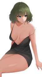 Rule 34 | 1girl, areola slip, bare shoulders, black dress, blue eyes, breasts, breasts apart, cleavage, closed mouth, collarbone, dress, green eyes, green hair, heterochromia, highres, idolmaster, idolmaster cinderella girls, large breasts, looking to the side, mole, mole under eye, no bra, senju (snz0), short dress, short hair, simple background, sitting, smile, solo, strap slip, takagaki kaede, thighs, white background