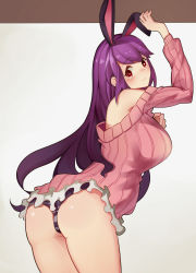 Rule 34 | 1girl, absurdres, animal ears, arm up, ass, bad id, bad pixiv id, barefoot, blush, breasts, character request, closed mouth, commentary request, cowboy shot, dungeon and fighter, eyes visible through hair, from behind, hand on own chest, heart, heart-shaped pupils, highres, hyorang, large breasts, leaning forward, long hair, looking at viewer, looking back, off shoulder, panties, pink sweater, purple hair, rabbit ears, red eyes, simple background, solo, standing, striped clothes, striped panties, sweater, symbol-shaped pupils, underwear, very long hair