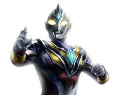 Rule 34 | 1boy, absurdres, alien, color timer, commentary, crystal, fighting stance, glowing, glowing eyes, highres, looking at viewer, no humans, solo, tokusatsu, trigger truth, ultra series, ultraman trigger, ultraman trigger (series), upper body, white background, yellow eyes, yoshifuto