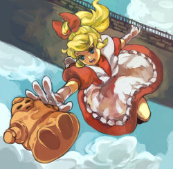 Rule 34 | 1girl, apron, blonde hair, blue eyes, boots, breasts, breath of fire, breath of fire iii, bridge, child, dress, falling, frills, honey (breath of fire), long hair, nina (breath of fire iii), ponytail, puffy short sleeves, puffy sleeves, ribbon, robot, sash, sculpture, short sleeves, small breasts, solo, aged down