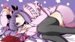 Rule 34 | 1girl, black thighhighs, book, capelet, coat, crescent, dress, female focus, hat, highres, long hair, long sleeves, looking at viewer, lying, on side, patchouli knowledge, purple eyes, purple hair, sawade, solo, star (symbol), striped clothes, striped dress, thighhighs, touhou, very long hair, wide sleeves, zettai ryouiki