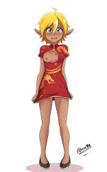 Rule 34 | 1girl, absurdres, ahoge, aleuz91, arms at sides, artist name, aura bella fiora, bare legs, black footwear, blonde hair, blue eyes, blush, breast cutout, breasts, breasts out, china dress, chinese clothes, clothes pull, commission, dark-skinned female, dark skin, dress, dress pull, female focus, full body, green eyes, hair between eyes, highres, multicolored eyes, nipples, overlord (maruyama), parted lips, pulled by self, red dress, short hair, signature, simple background, small breasts, solo, standing, white background