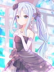 Rule 34 | alternate costume, alternate hairstyle, black dress, black flower, black rose, blue hair, blush, dress, flower, gloves, gold necklace, highres, jewelry, light blue hair, looking at viewer, necklace, own hands together, ponytail, project sekai, rose, shikinexion, surprised, triangle mouth, wedding dress, white gloves, yoisaki kanade