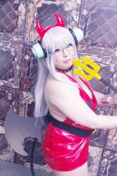 Rule 34 | 1girl, asian, bat wings, blue eyes, breasts, cleavage, collar, cosplay, cuffs, curvy, demon tail, fake horns, fat, fork, glasses, halloween costume, headphones, heart, horns, jewelry, keito (cosplayer), long hair, looking at viewer, low wings, pendant, photo (medium), plump, shackles, silver hair, solo, spiked collar, spikes, super taruco, super taruco (cosplay), tail, thick thighs, thighs, wide hips, wings, wrist cuffs