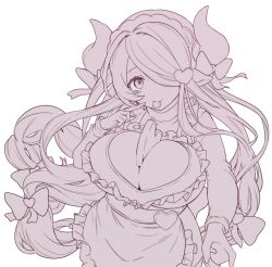 Rule 34 | 1girl, apron, between breasts, bow, box, braid, breasts, cleavage, cleavage cutout, clothing cutout, crown braid, draph, frilled apron, frills, granblue fantasy, hair bow, hair ornament, hair over one eye, heart, heart-shaped box, heart hair ornament, horn bow, horn ornament, horns, large breasts, long hair, low-tied long hair, monochrome, mouth hold, narmaya (granblue fantasy), narmaya (valentine) (granblue fantasy), parted bangs, sakita (ookawarii), smile, solo, very long hair