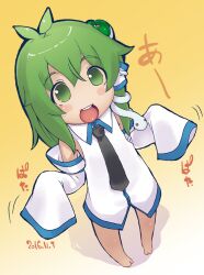 Rule 34 | 1girl, barefoot, black necktie, blush, collared shirt, commentary request, dated, detached sleeves, flat chest, frog hair ornament, full body, gradient background, green eyes, green hair, hair ornament, highres, kei jiei, kochiya sanae, long hair, looking at viewer, necktie, no pants, one-hour drawing challenge, open mouth, oversized clothes, shirt, single hair tube, sleeveless, sleeveless shirt, smile, snake hair ornament, solo, standing, touhou, white shirt, yellow background