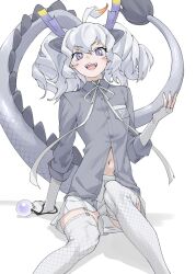 Rule 34 | 1girl, animal ears, blush, bow, bowtie, collared shirt, dragon ears, dragon girl, dragon horns, dragon tail, elbow gloves, fingerless gloves, garter straps, gloves, grey eyes, grey shirt, highres, horns, kemono friends, looking at viewer, midriff peek, navel, open mouth, pleated skirt, scales, shirt, short hair, short twintails, sidelocks, sitting, skirt, sleeves rolled up, smile, solo, tail, tanabe (fueisei), thighhighs, twintails, white bow, white bowtie, white dragon (kemono friends), white gloves, white hair, white skirt, white thighhighs
