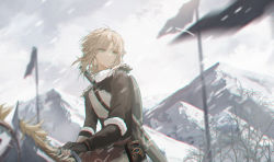 Rule 34 | 1boy, blonde hair, closed mouth, day, fingerless gloves, flag, fur trim, gloves, green eyes, highres, holding, horse, horseback riding, link, low ponytail, mada (shizhou), male focus, mountain, nintendo, outdoors, pointy ears, ponytail, riding, shield, shield on back, sky, snow, snowing, snowquill set (zelda), solo, sword, the legend of zelda, the legend of zelda: breath of the wild, weapon, weapon on back