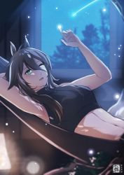 Rule 34 | 1girl, absurdres, animal ears, arknights, arm up, armpits, black hair, black shirt, commentary, crop top, english commentary, ezraqi, green eyes, hand up, highres, long hair, meteor (arknights), midriff, navel, night, night sky, one eye closed, parted lips, shirt, sidelocks, sky, sleeveless, sleeveless shirt, solo, stomach, upper body