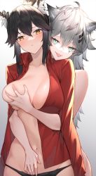 Rule 34 | 2girls, ahoge, animal ear fluff, animal ears, arknights, black hair, black panties, blue eyes, blush, grabbing another&#039;s breast, breasts, cokuto1, collarbone, covered erect nipples, ear piercing, female focus, grabbing, grabbing from behind, gradient background, grey hair, hair between eyes, hair ornament, hairclip, highres, imminent fingering, lappland (arknights), large breasts, long hair, looking at viewer, mole, mole on neck, multiple girls, navel, nude, official alternate costume, open clothes, open shirt, panties, piercing, red shirt, shirt, texas (arknights), texas (willpower) (arknights), tongue, tongue out, underwear, upper body, wolf ears, yellow eyes, yuri