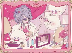 Rule 34 | 1girl, blue hair, blush, boo (mario), border, curtains, earrings, eyeshadow, fangs, flower, ghost, hair rollers, hellen gravely, indoors, jewelry, lamp, licker610, lipstick, luigi&#039;s mansion, luigi&#039;s mansion 3, makeup, mario (series), mirror, nintendo, pink background, pink border, pink lips, rose, smile
