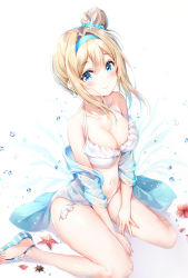 Rule 34 | 1girl, absurdres, bare shoulders, between legs, bikini, blonde hair, blue eyes, blue footwear, blush, breasts, cleavage, closed mouth, collarbone, commentary request, dana (hapong07), frilled bikini, frills, full body, girls&#039; frontline, hair between eyes, hair bun, hair ornament, hairband, hand between legs, highres, long hair, looking at viewer, medium breasts, navel, official alternate costume, one side up, open clothes, sandals, shell, side bun, sidelocks, simple background, single side bun, sitting, smile, snowflake hair ornament, solo, starfish, stomach, suomi (girls&#039; frontline), suomi (midsummer pixie) (girls&#039; frontline), swimsuit, wariza, white background, white bikini